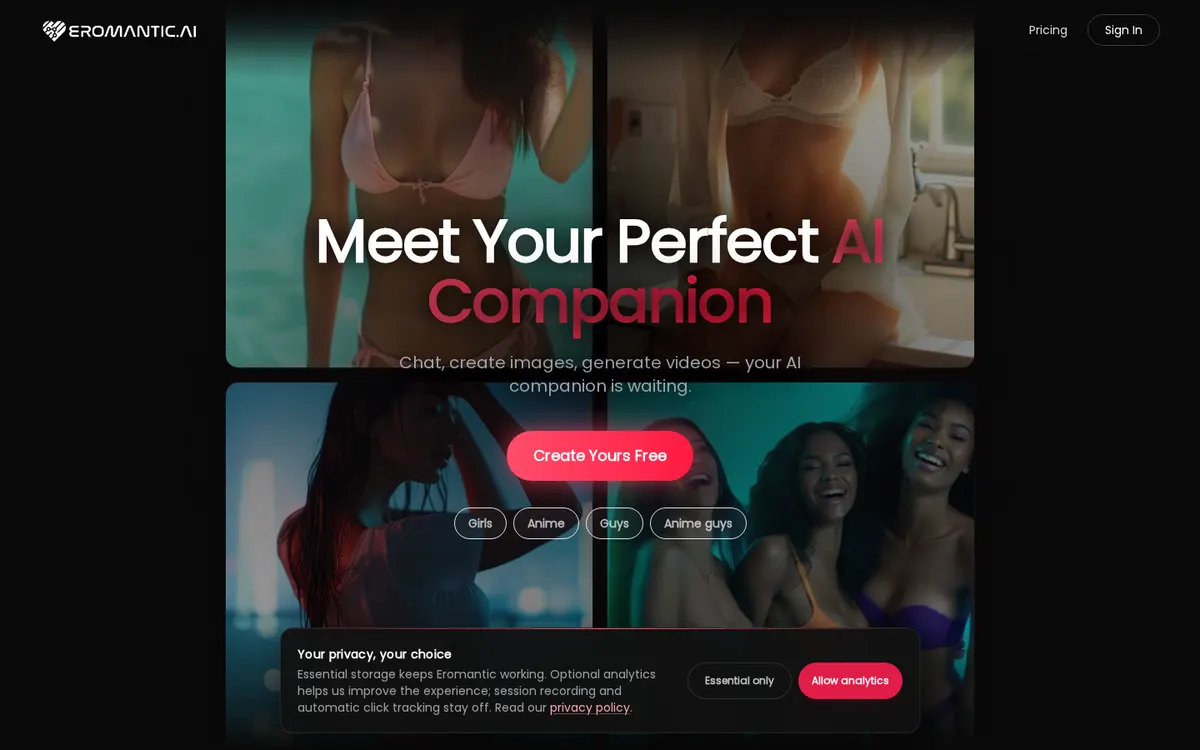Eromantic AI website screenshot