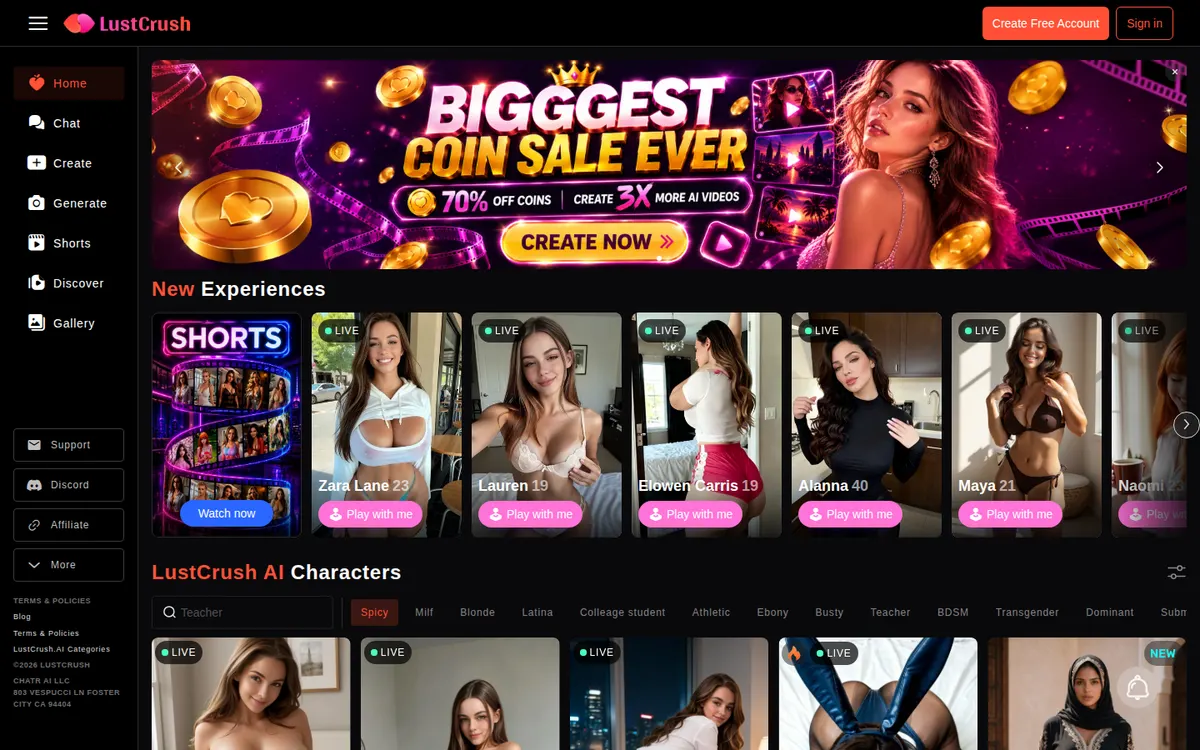 LustCrush AI website screenshot
