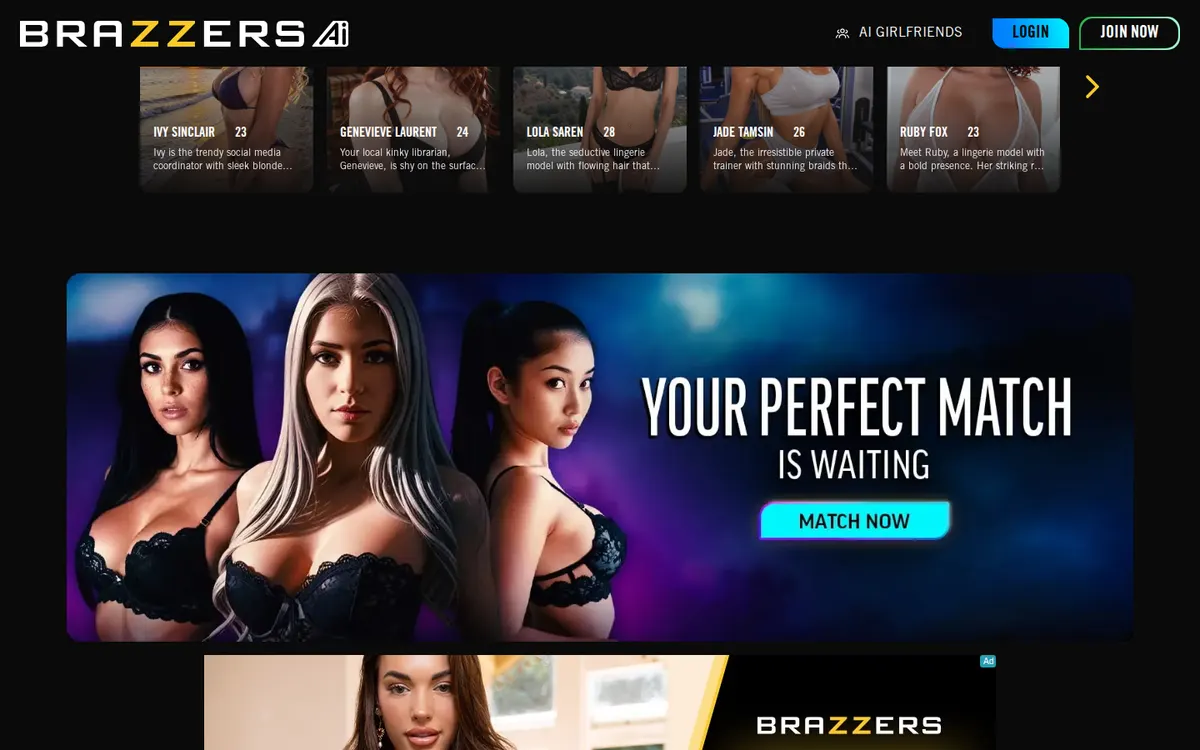 Brazzers AI screenshot: characters and interface