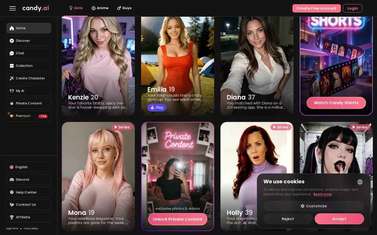 Candy AI screenshot: characters and interface