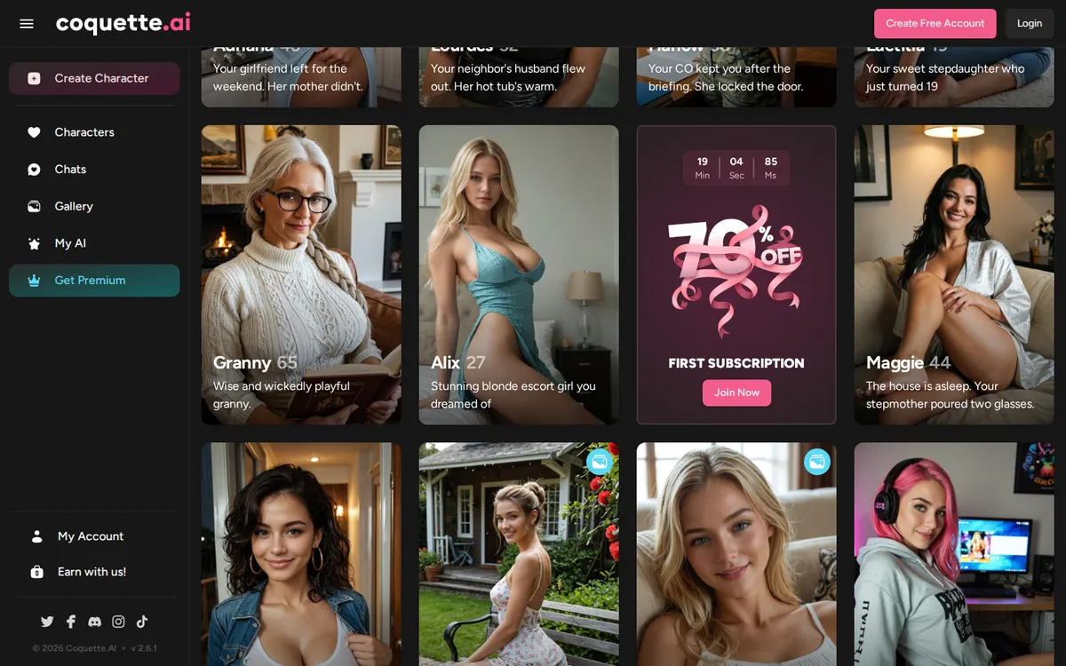 Coquette AI screenshot: characters and interface