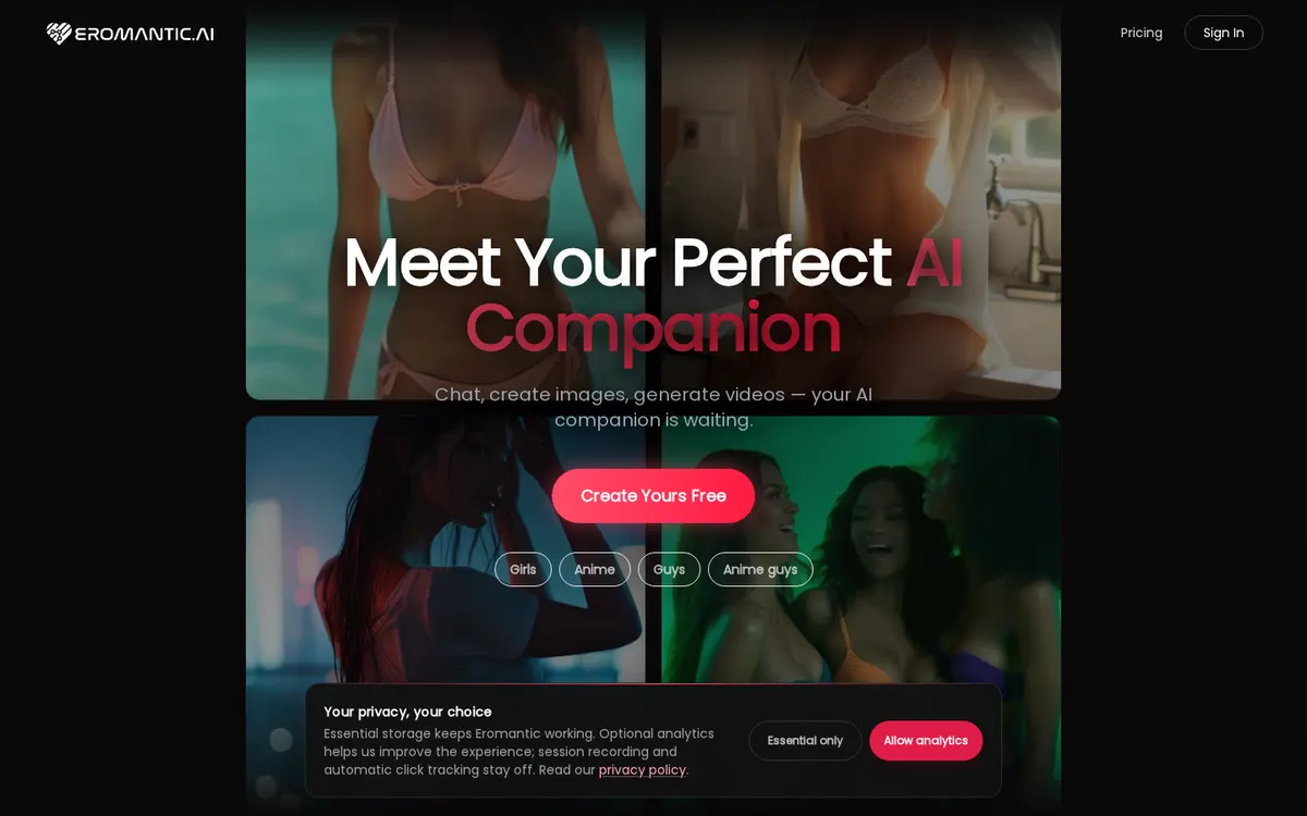 Eromantic AI screenshot: characters and interface