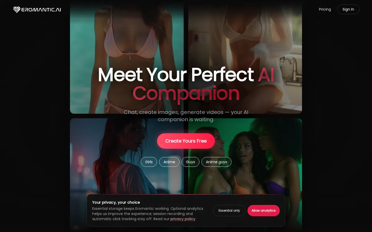 Eromantic AI screenshot: characters and interface
