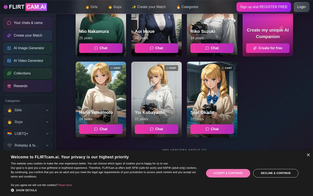 FLIRTcam.AI screenshot: characters and interface