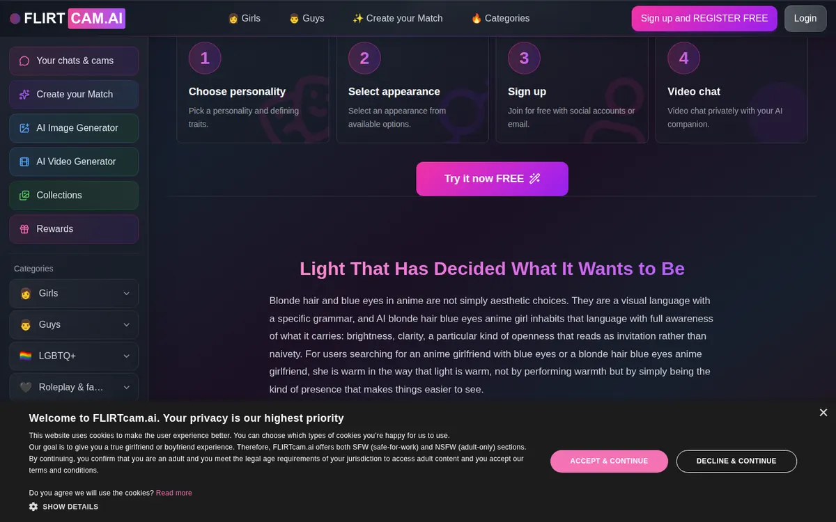 FLIRTcam.AI screenshot: characters and interface