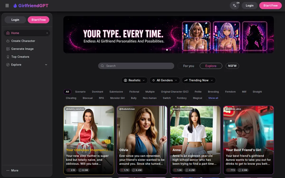 GirlfriendGPT screenshot: characters and interface