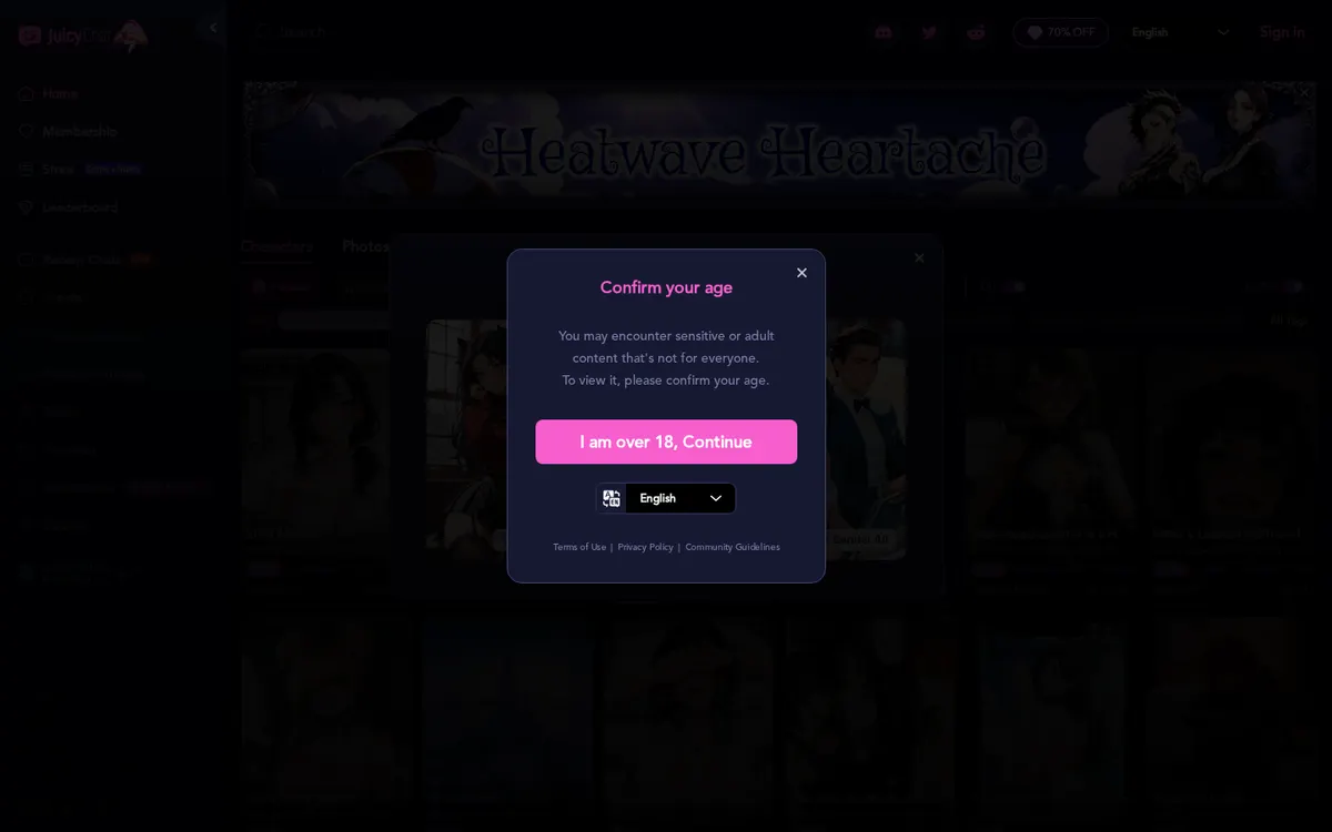 JuicyChat AI screenshot: characters and interface