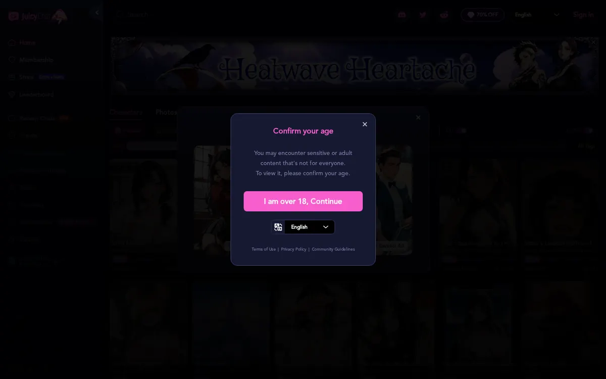 JuicyChat AI screenshot: characters and interface
