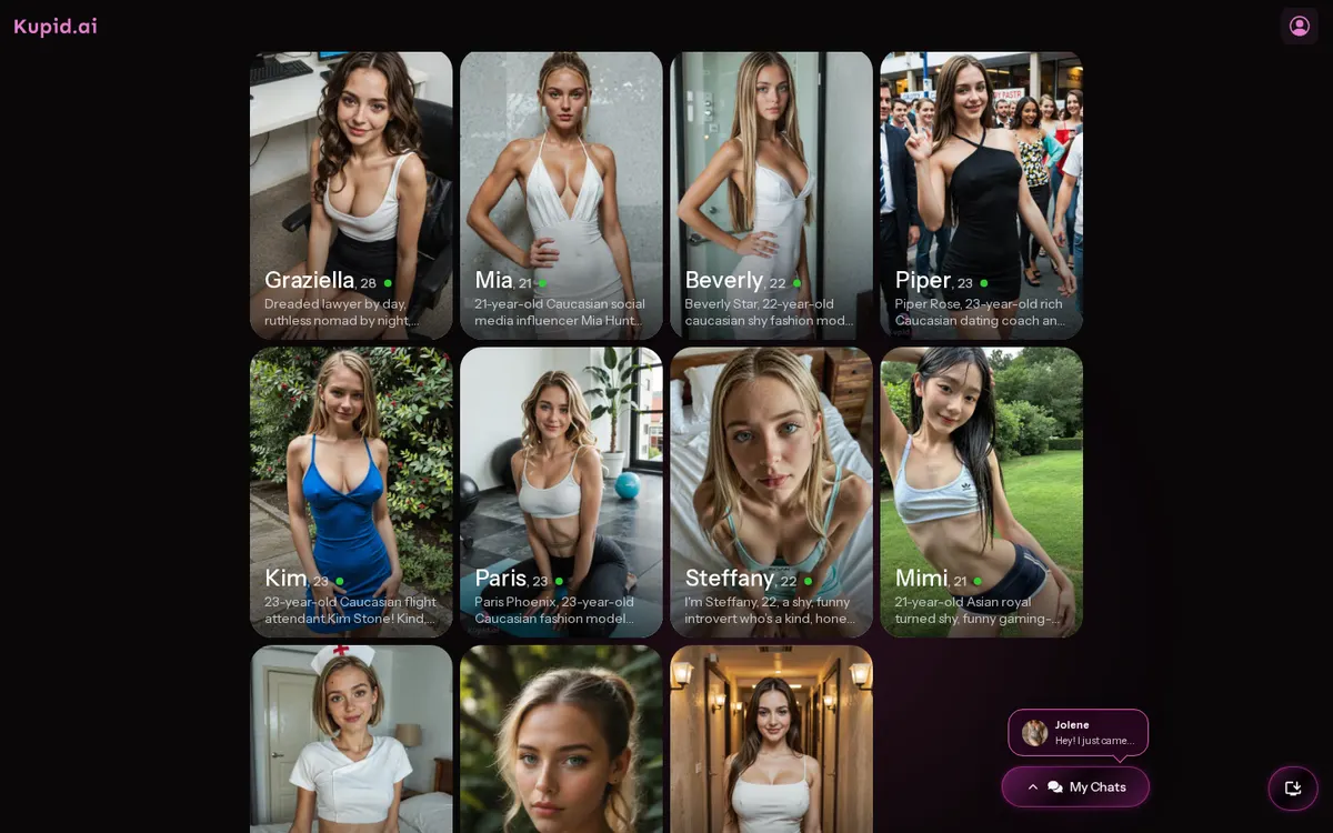 Kupid AI screenshot: characters and interface