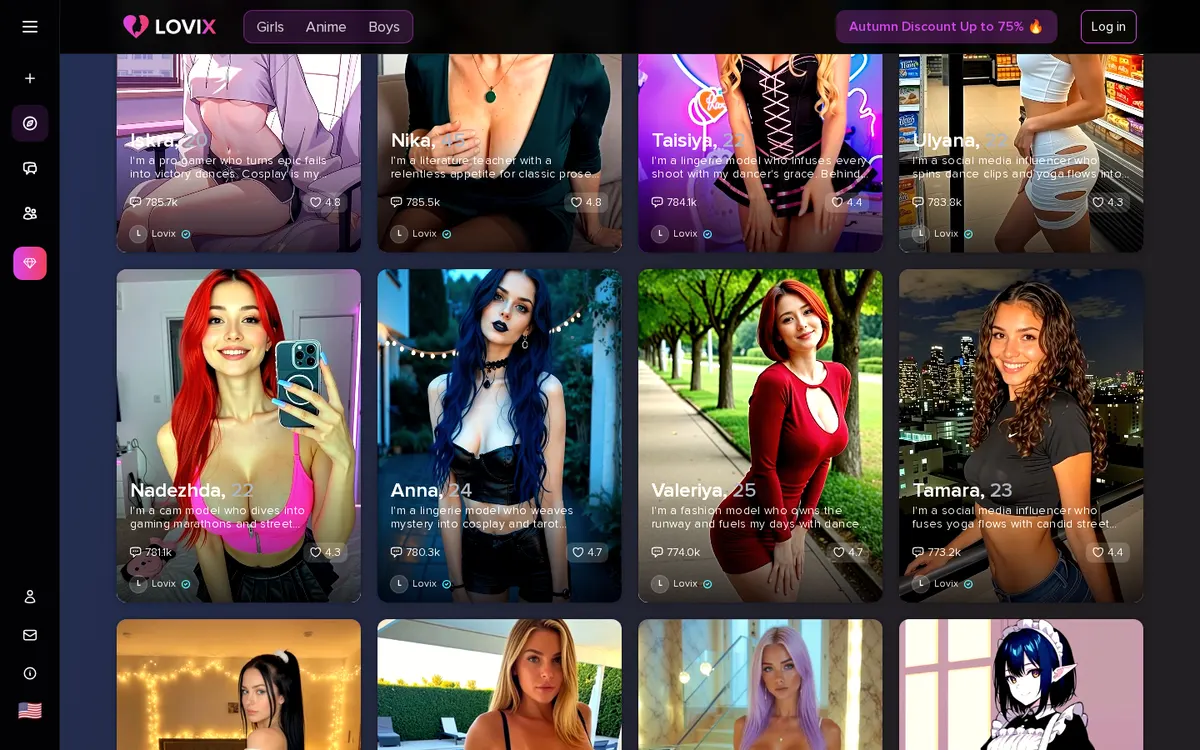 Lovix AI screenshot: characters and interface