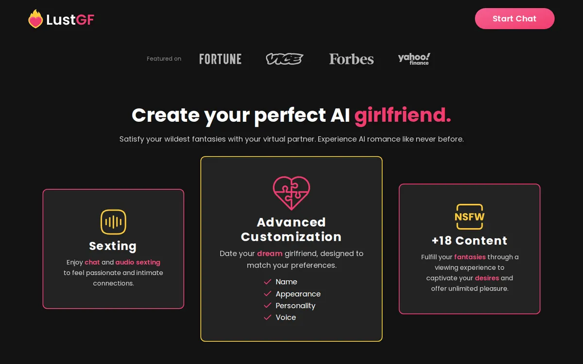 LustGF AI screenshot: characters and interface