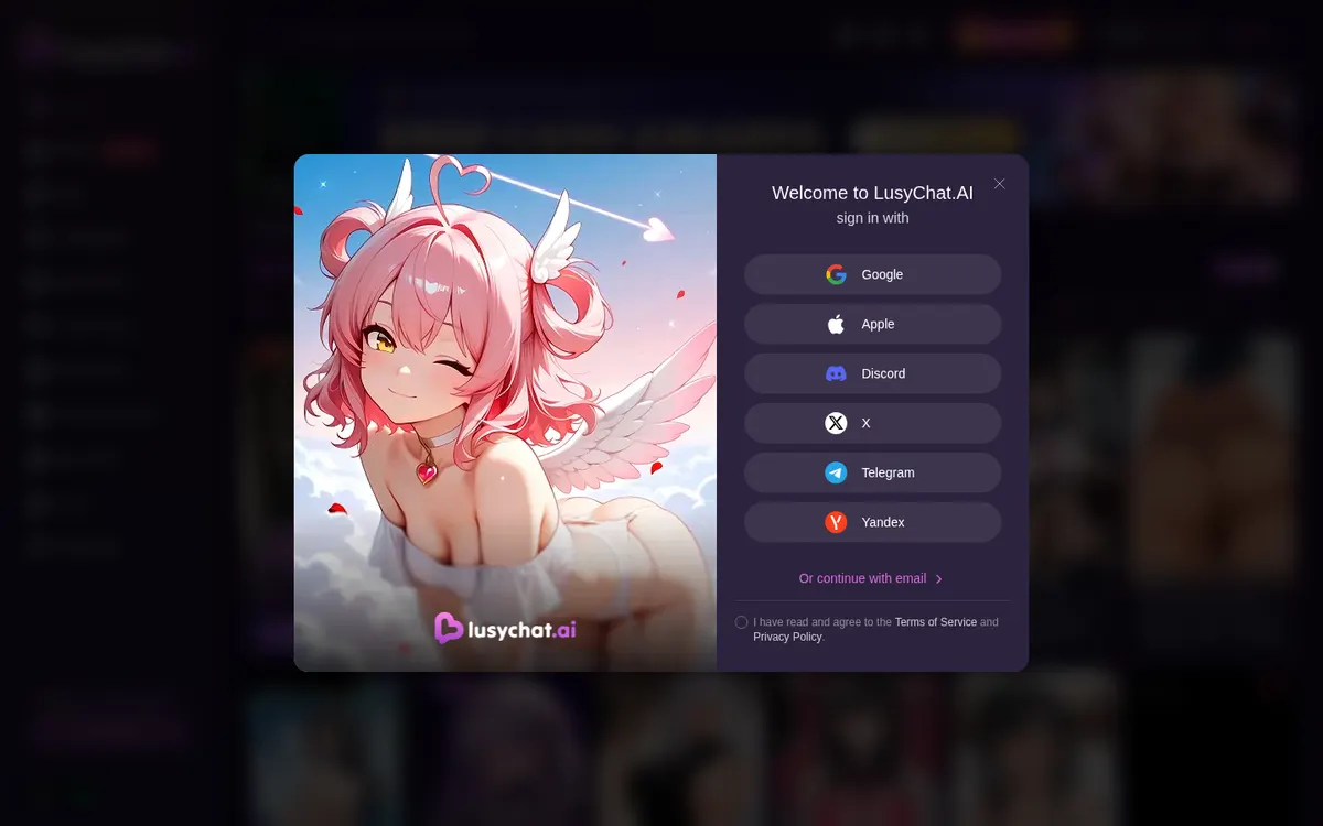 LusyChat AI screenshot: characters and interface