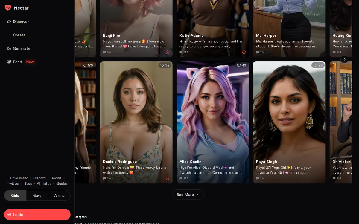 Nectar AI screenshot: characters and interface