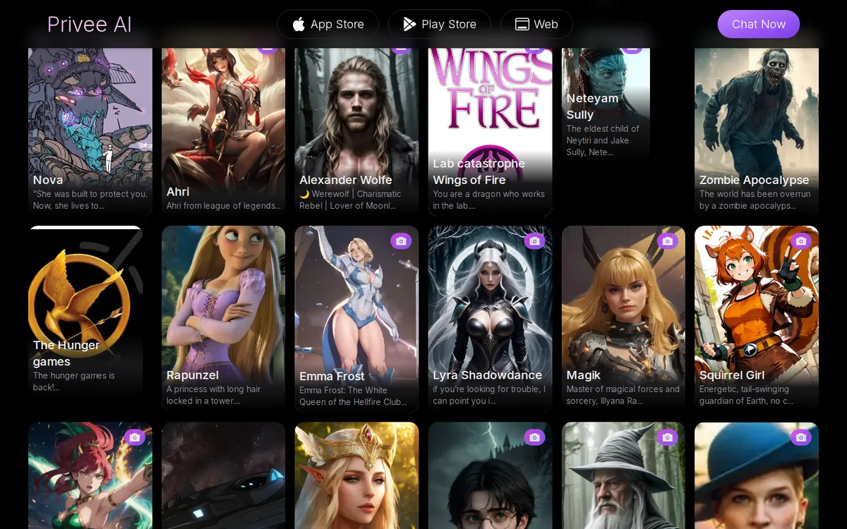 Privee AI screenshot: characters and interface