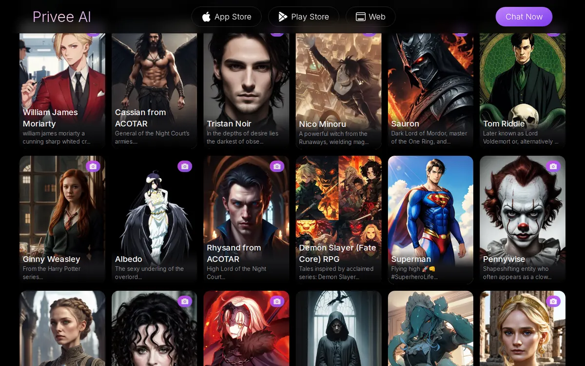Privee AI screenshot: characters and interface