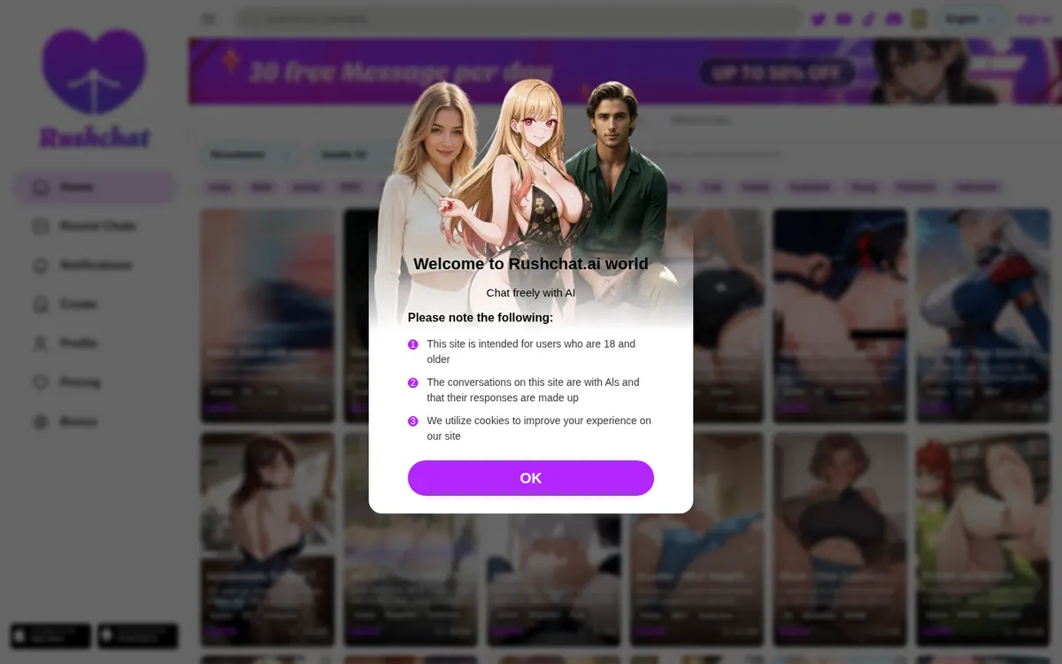 RushChat AI screenshot: characters and interface