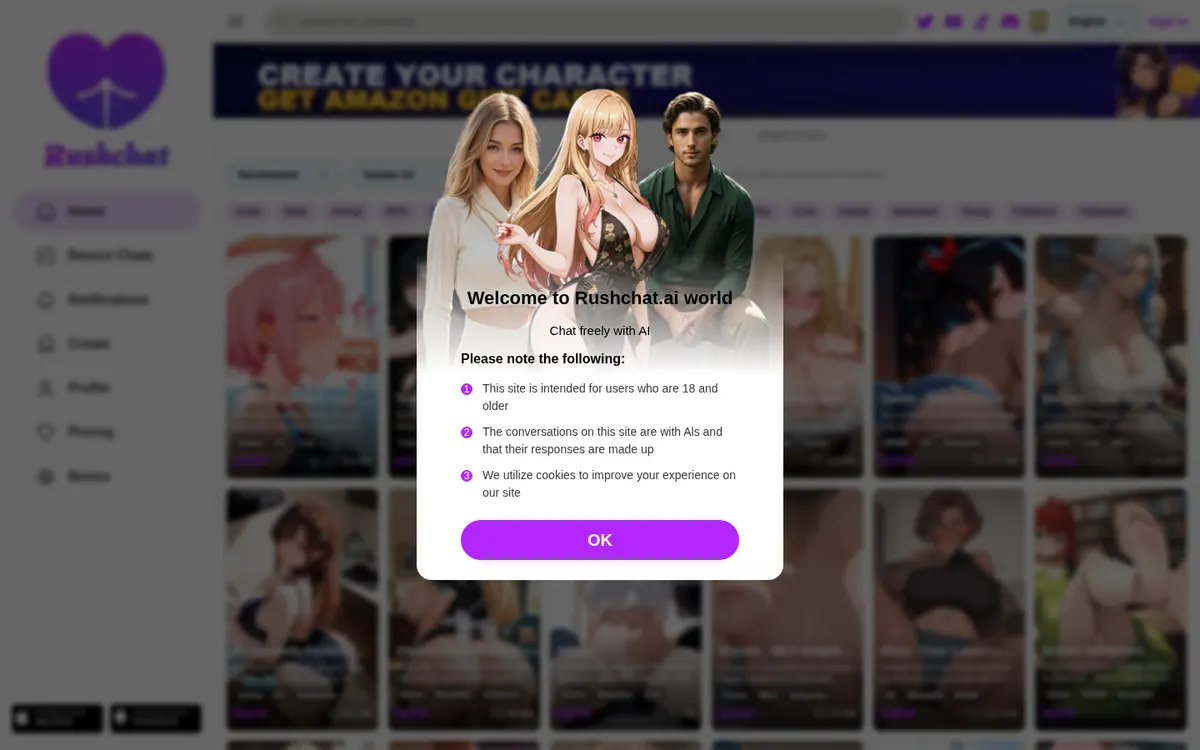 RushChat AI screenshot: characters and interface