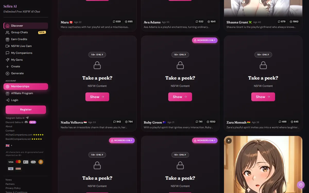 Selira AI screenshot: characters and interface