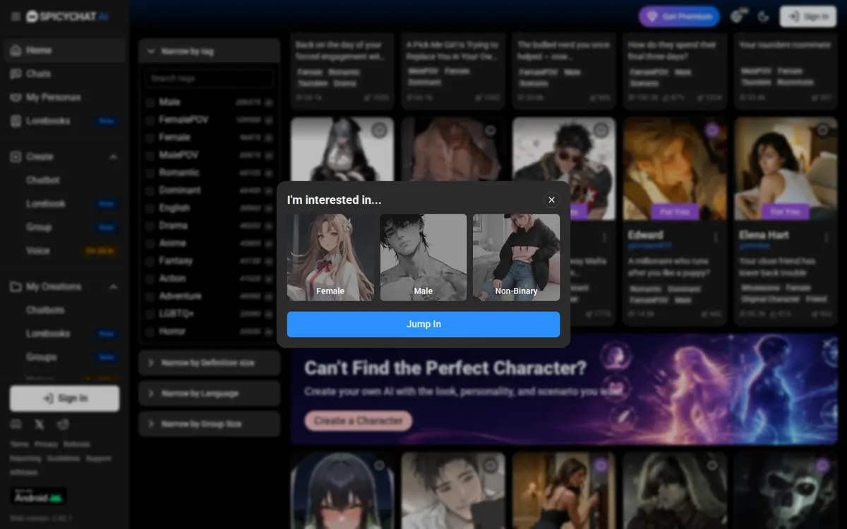 SpicyChat AI screenshot: characters and interface