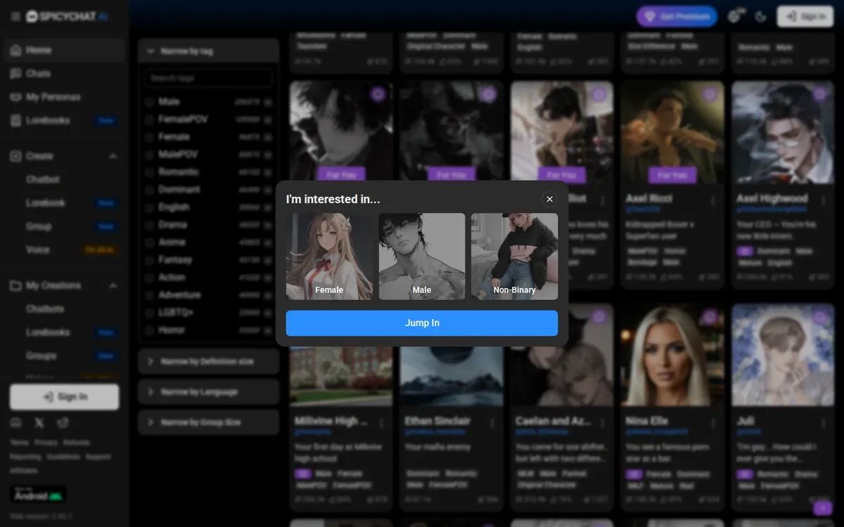 SpicyChat AI screenshot: characters and interface